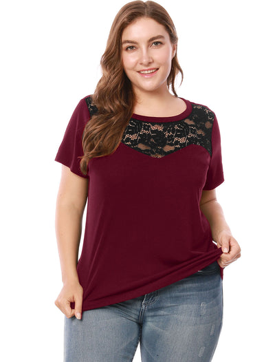 Women Plus Size Lace Insert Short Sleeves Round Neck Top