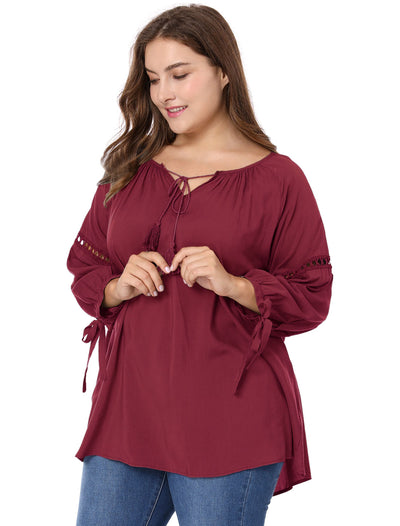 Plus Size Hollow Out Sleeve Tie Neck Tunic Blouse