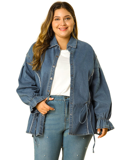 Women's Plus Size Long Sleeve Top Belted Chambray Denim Shirt