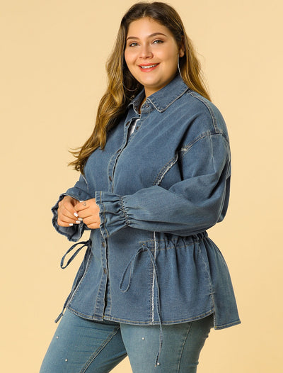 Women's Plus Size Long Sleeve Top Belted Chambray Denim Shirt