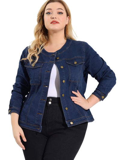 Women's Plus Size Long Sleeves Collarless Denim Jacket