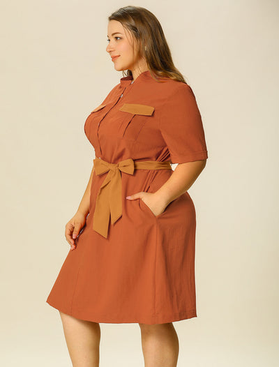 Casual Plus Size Belted Short Sleeve Shirt Dress