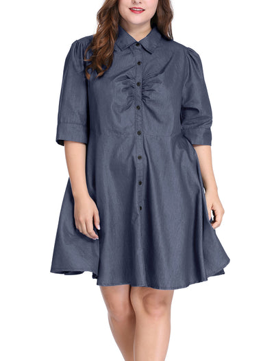 Plus Size Lapel 1/2 Sleeve Belted Denim Shirt Dress