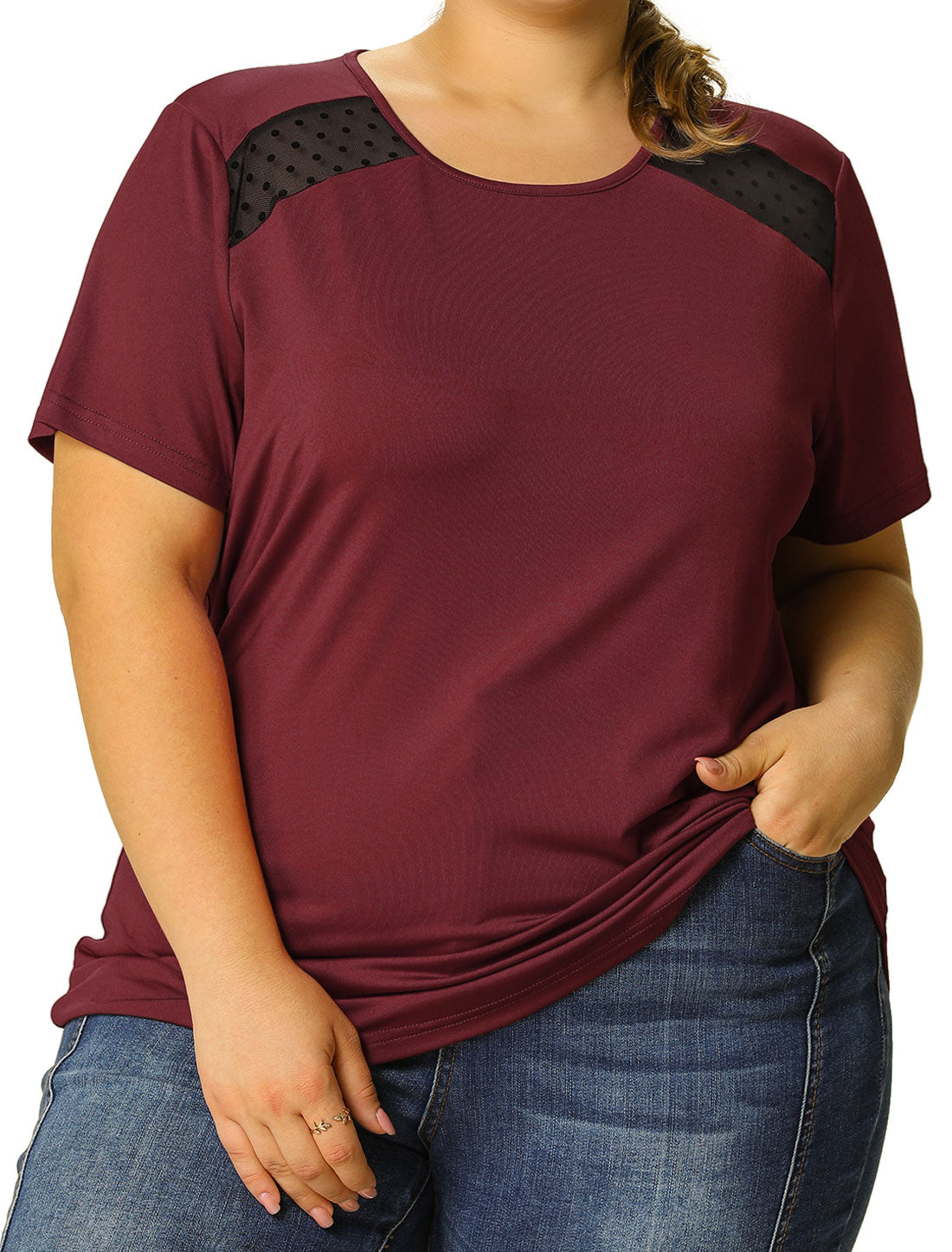 Bublédon Women's Plus Size Basic Blouse Round Lace Panel Shoulder Summer Casual Top