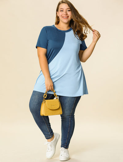 Women's Plus Size Top Color Block Summer Blouse Short Sleeve Tunic Tops