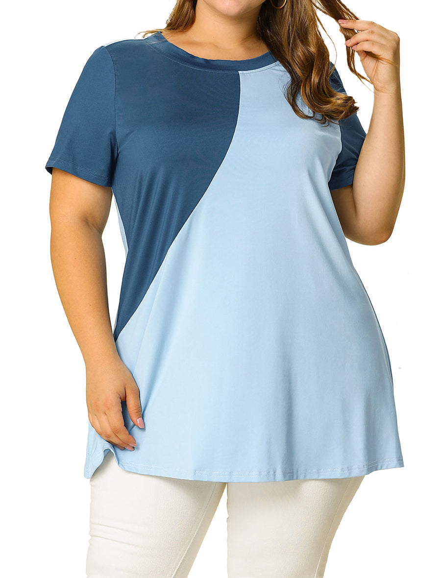Bublédon Women's Plus Size Top Color Block Summer Blouse Short Sleeve Tunic Tops
