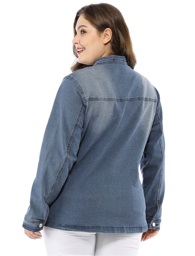 Plus Size Stand Collar Zip Closure Drawstring Denim Jacket