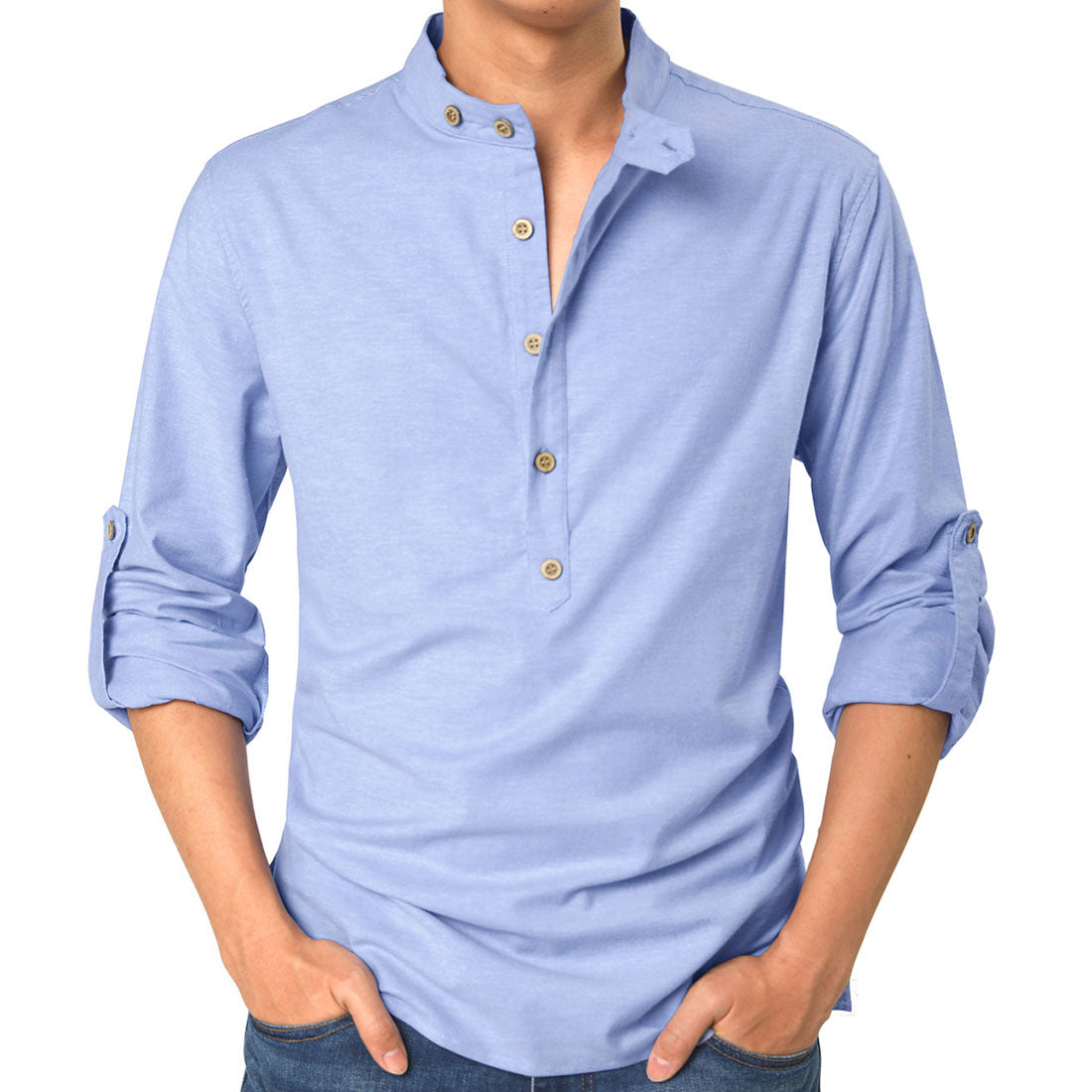 Bublédon Casual Banded Collar Long Sleeve Solid Henley Shirt
