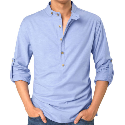 Casual Banded Collar Long Sleeve Solid Henley Shirt