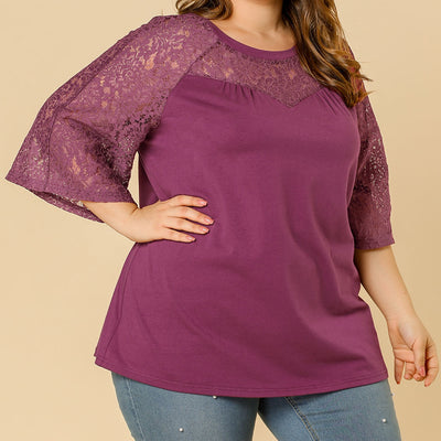 Women's Plus Size Round Neck 3/4 Lace Sleeve Blouse Top