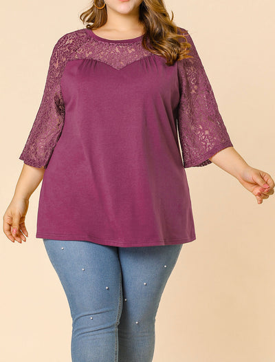 Women's Plus Size Round Neck 3/4 Lace Sleeve Blouse Top
