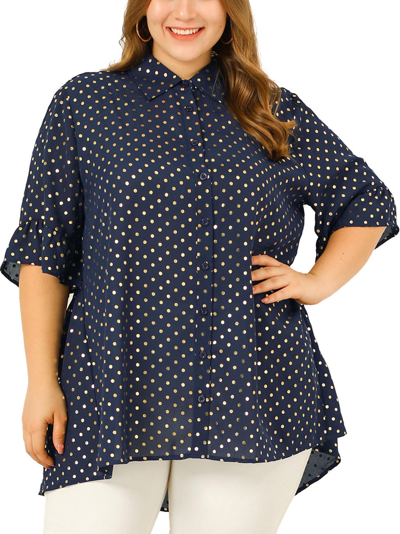 Bublédon Women's Plus Size Blouse Ruffle Short Sleeve Shirt Polka Dot Tops Chiffon Blouses Tunic