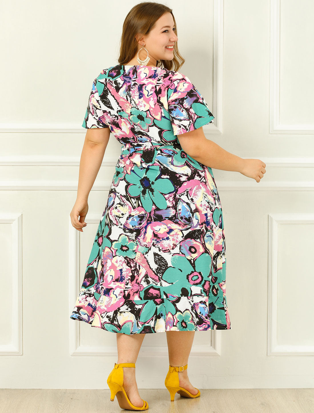 Bublédon Plus Size Wrap V Neck Floral Print Belted Midi Dress