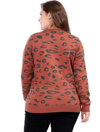 Women's Plus Size Crew Neck Long Sleeve Leopard Knit Sweater