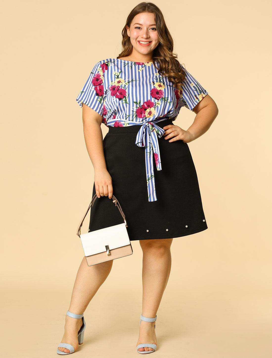 Bublédon Women's Plus Size Floral Blouse Tie Waist Summer Casual Stripe Top