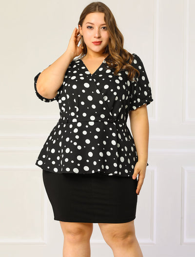Bublédon Women's Plus Size Polka Dots Blouse Puff Short Sleeve Summer Peplum Top