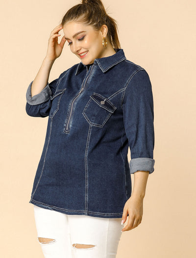 Women's Plus Size Zip Up Washed Denim Jacket with Pockets