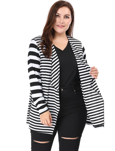 Women Plus Size Open Front Mixed Striped Cardigan
