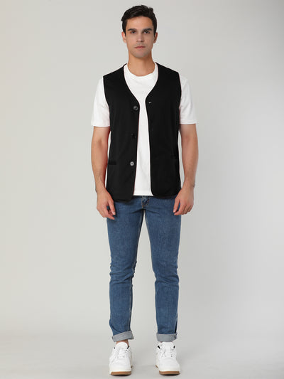 V Neck Sleeveless Two Pockets Button Solid Vest