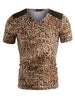 Leopard Print V Neck PU Panel Short Sleeve T-shirts