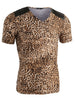 Leopard Print V Neck PU Panel Short Sleeve T-shirts
