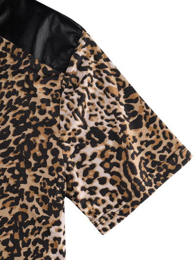 Leopard Print V Neck PU Panel Short Sleeve T-shirts