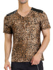 Leopard Print V Neck PU Panel Short Sleeve T-shirts