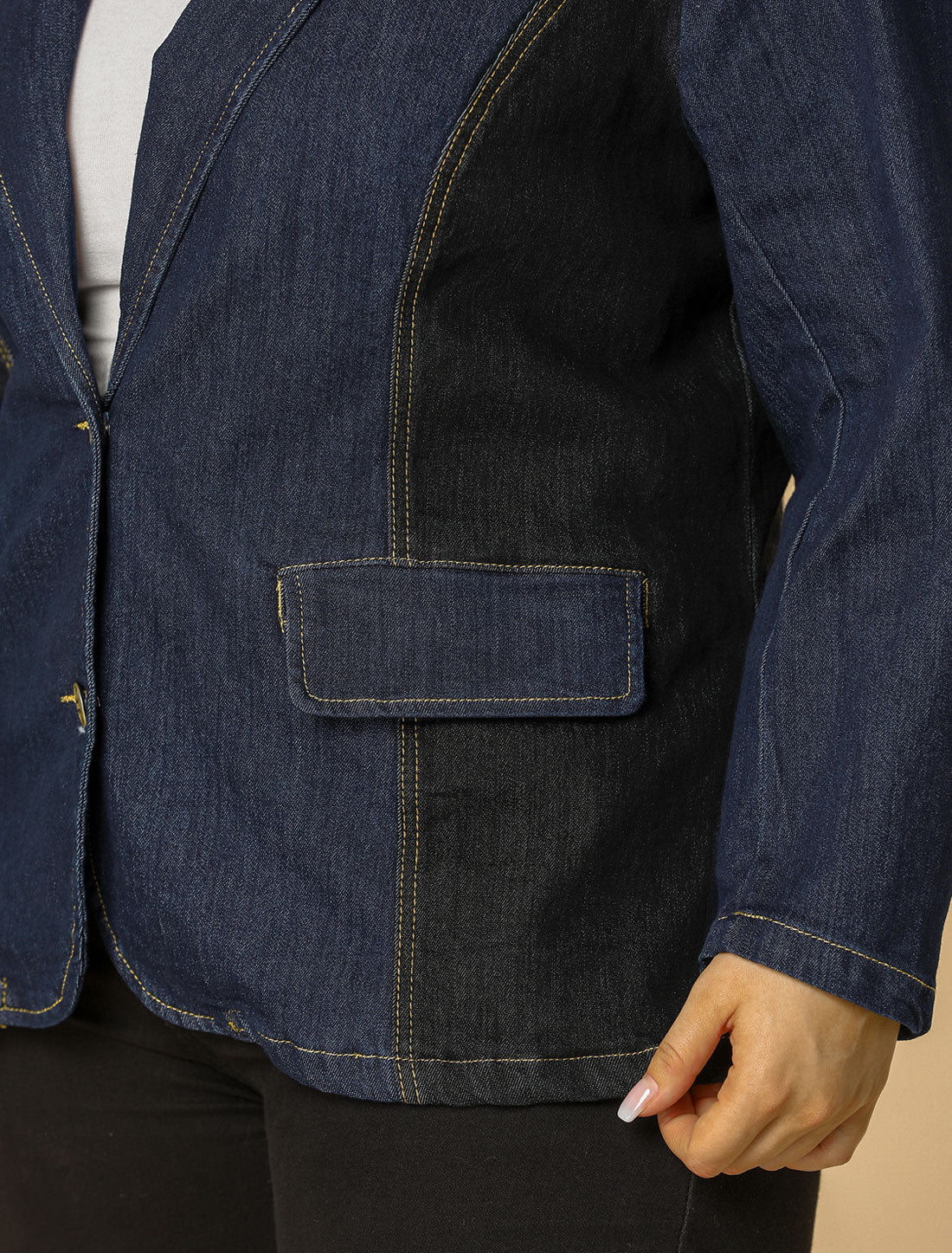 Bublédon Women's Plus Size Denim Jacket Notched Lapel Color Block Stretch Blazer