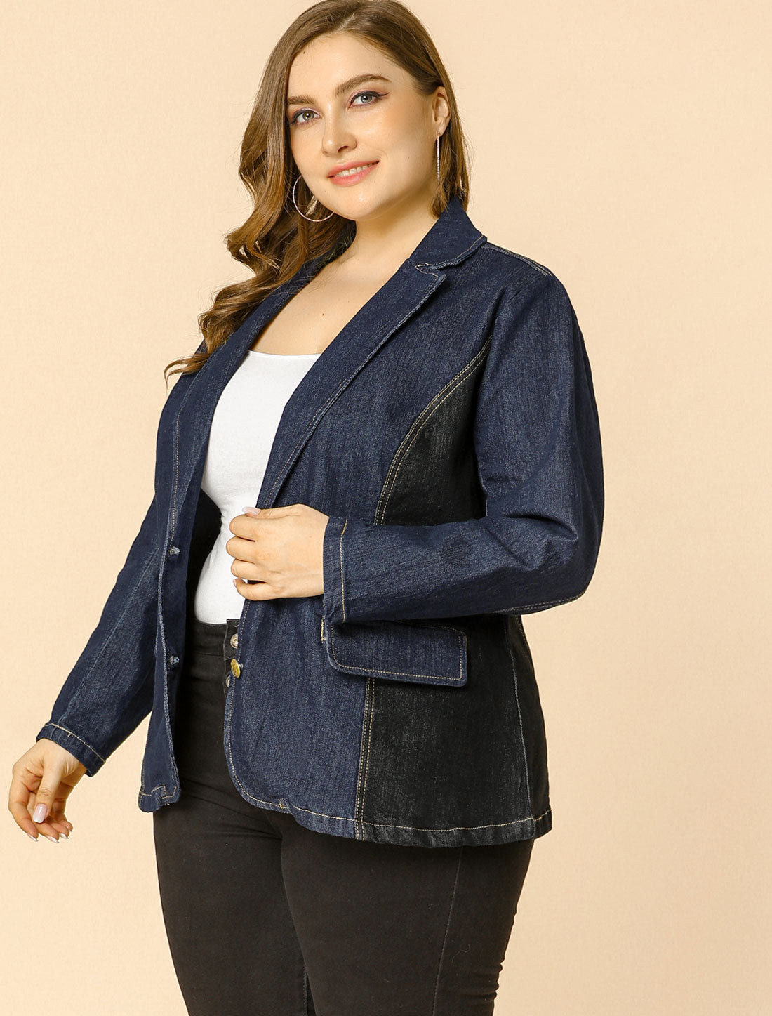 Bublédon Women's Plus Size Denim Jacket Notched Lapel Color Block Stretch Blazer