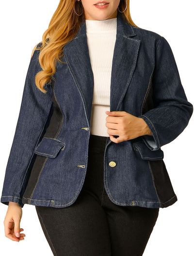 Women's Plus Size Denim Jacket Notched Lapel Color Block Stretch Blazer