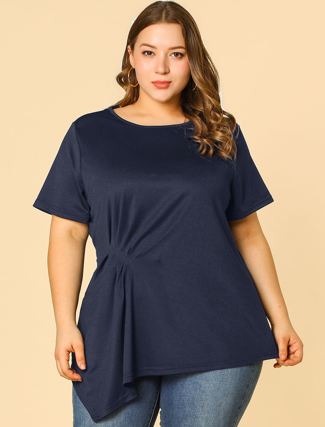 Bublédon Plus Size Top Ruched Summer Blouse Short Sleeve Casual Tops