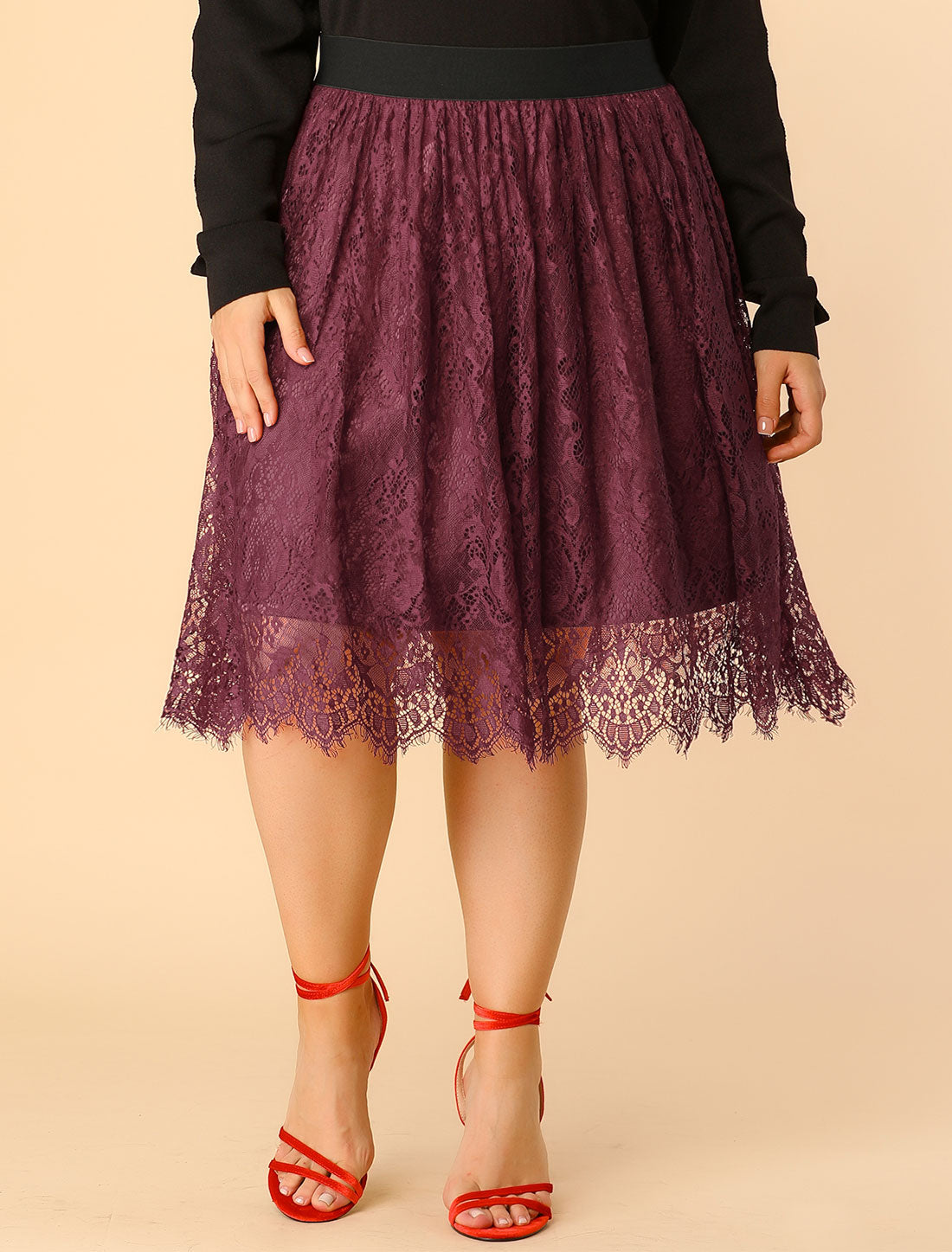 Bublédon Plus Size Knee Length High Waist Lace Pleated Skirt