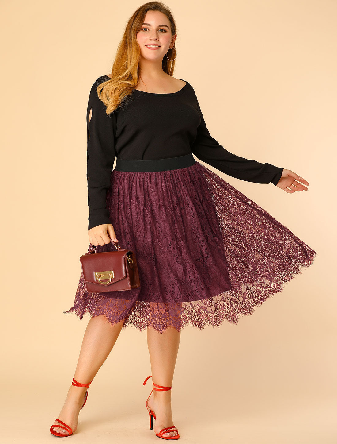 Bublédon Plus Size Knee Length High Waist Lace Pleated Skirt