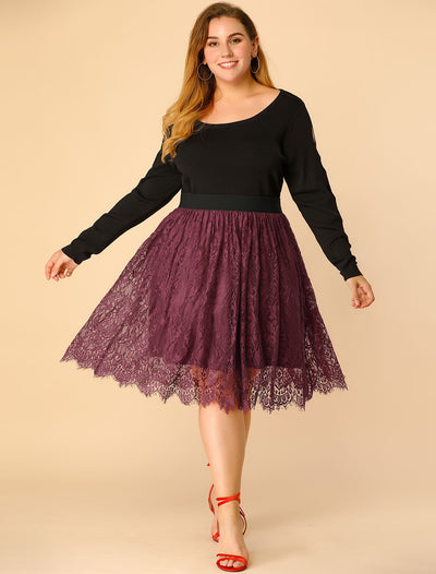 Plus Size Knee Length High Waist Lace Pleated Skirt