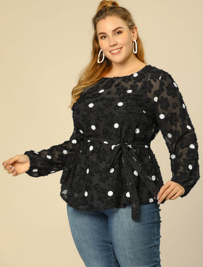 Plus Size Belted Waisted Polka Dots Peplum Mesh Lace Top