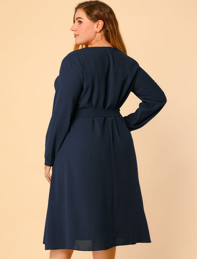 Plus Size V Neck Long Sleeve Flare Midi Wrap Dress