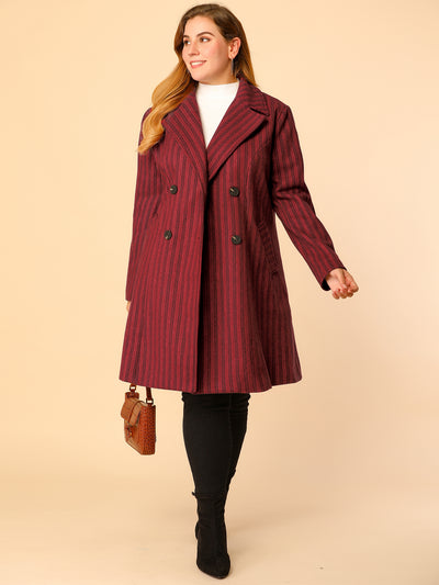 Plus Size Notched Lapel Double Breasted Striped Winter Coat