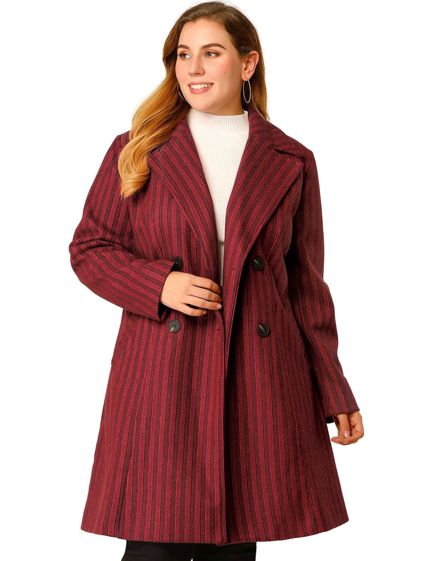 Bublédon Plus Size Notched Lapel Double Breasted Striped Winter Coat