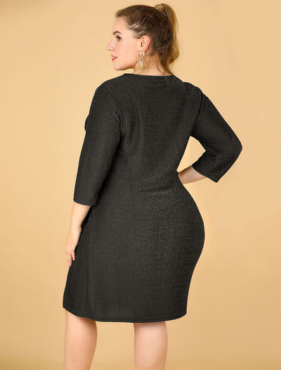 Sequin Nylon V Neck 3/4 Sleeve Split Plus Size Dress