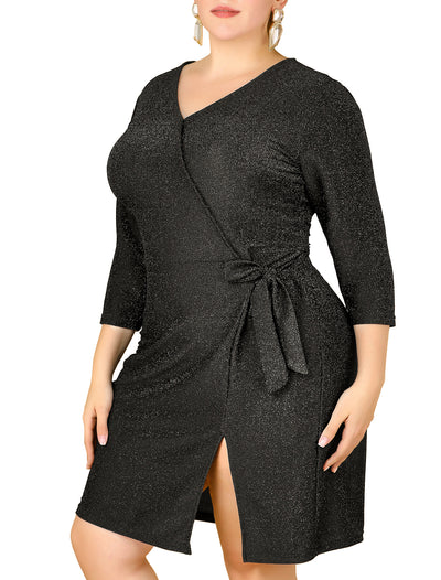 Sequin Nylon V Neck 3/4 Sleeve Split Plus Size Dress