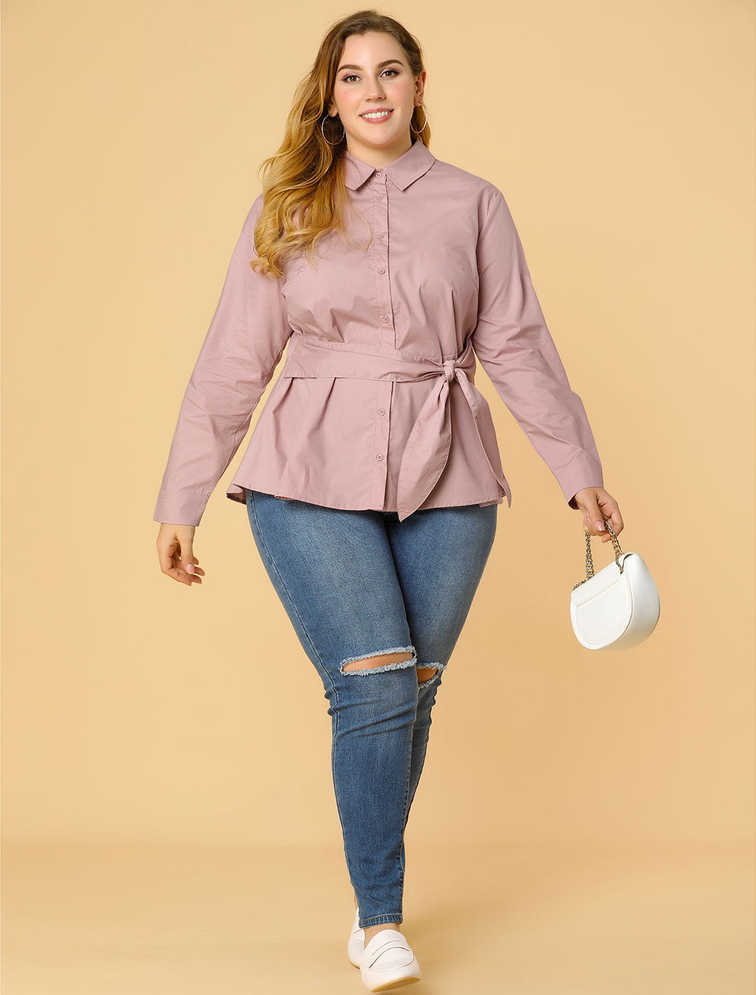 Bublédon Women's Plus Size Button Up Shirts Belted Safari Work Blouse