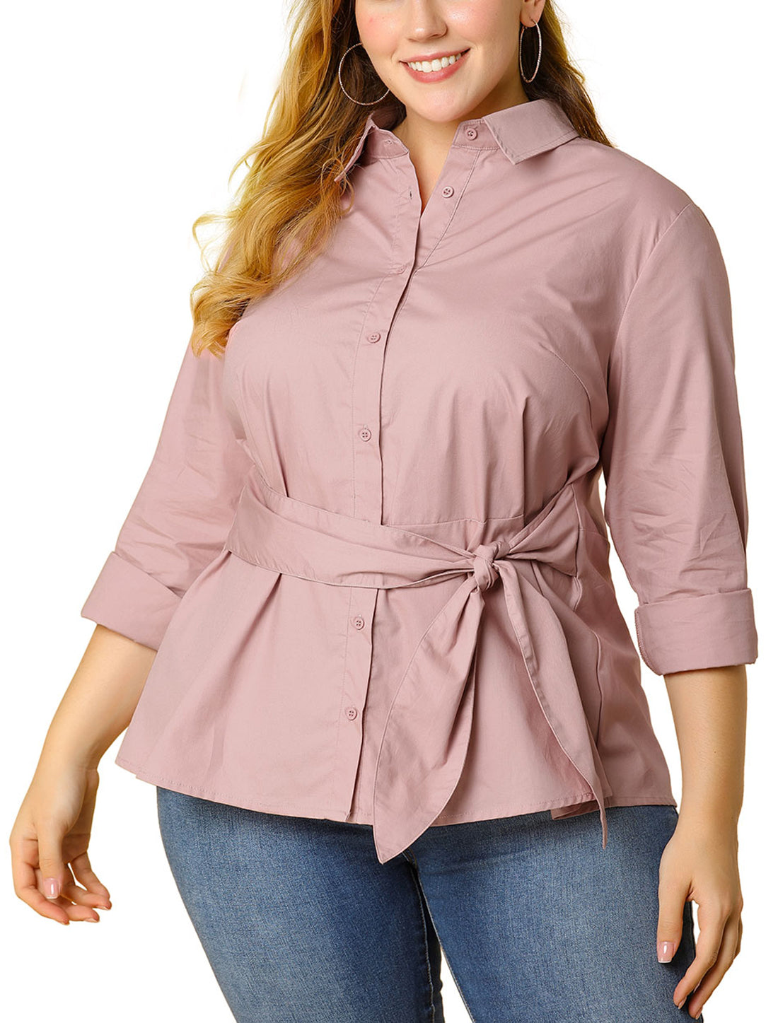 Bublédon Women's Plus Size Button Up Shirts Belted Safari Work Blouse