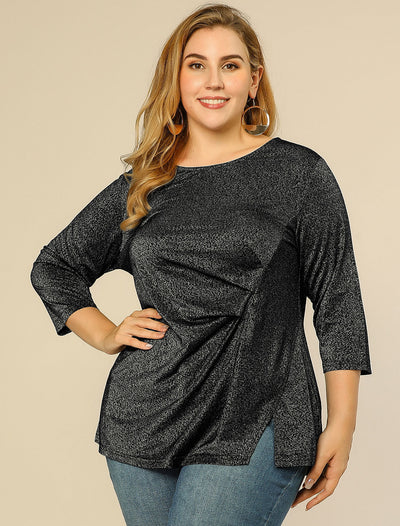 Plus Size Tops Glitter Ruched Front Side Split Xmas Top