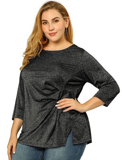 Plus Size Tops Glitter Ruched Front Side Split Xmas Top