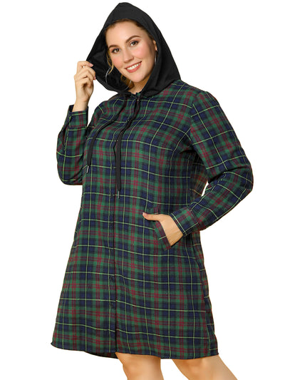 Plaid Hooded Long Sleeve Plus Size Shirt Dress