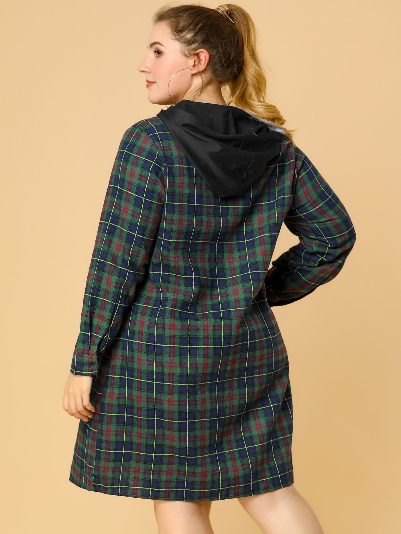 Bublédon Plaid Hooded Long Sleeve Plus Size Shirt Dress