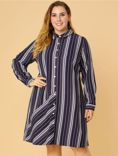 Plus Size Long Sleeve Button Up Striped Shirt Dress