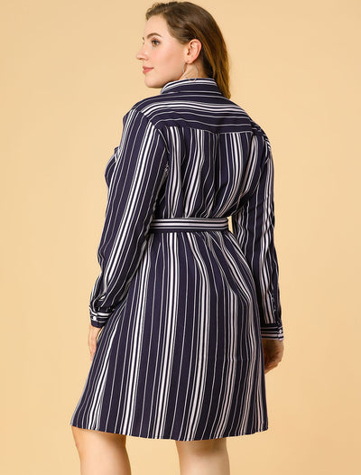 Plus Size Long Sleeve Button Up Striped Shirt Dress