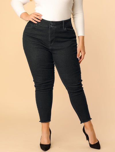 Bublédon Plus Size Stretch Frayed Mid Rise Washed Skinny Jeans