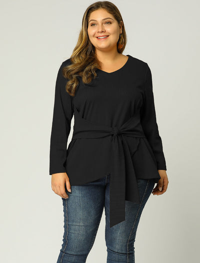 Women's Plus Size V Neck Loose Belted Knot Tie Blouse